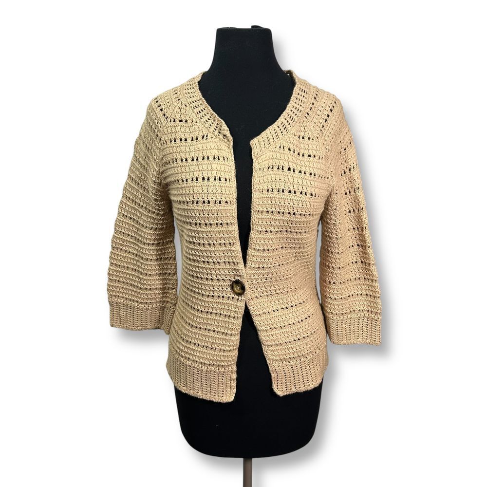 Gap Wool Angora Blend Beige Crochet Knit Cardigan 3/4 Sleeve Womens Medium‎